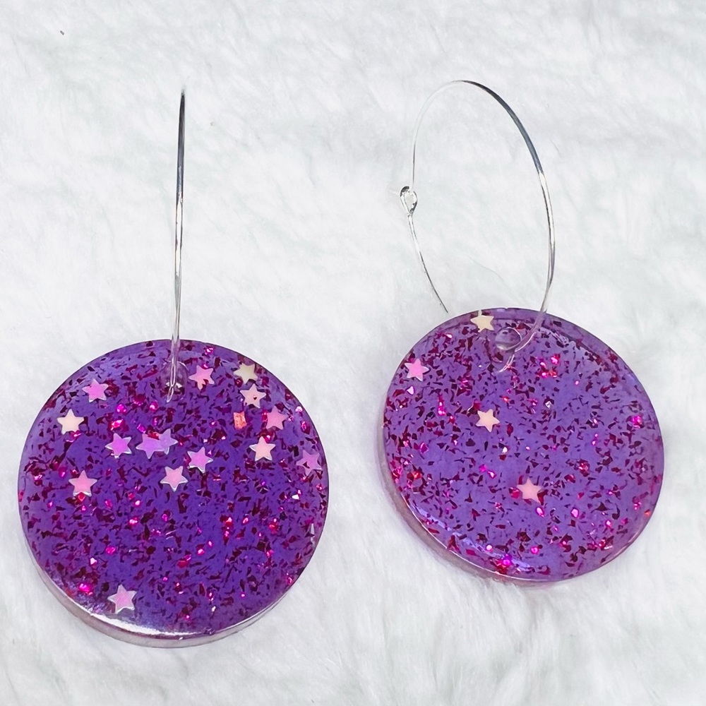 Purple Glitter Galaxy Resin Circle Disc Pendant Hoop Earrings